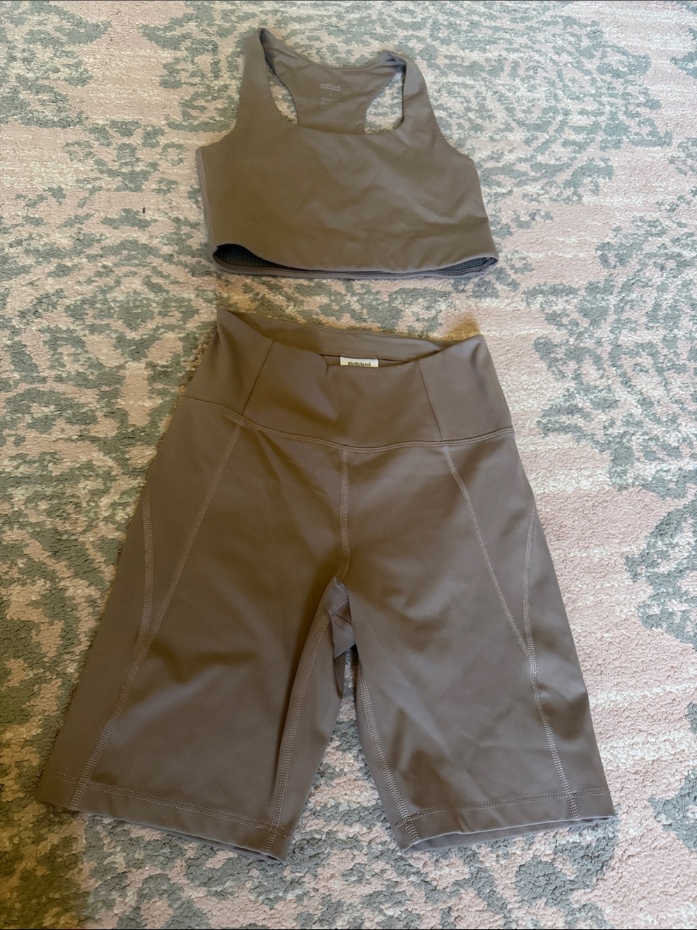 Girlfriend Collective Taupe Biker Shorts and Matching Crop Tank Set